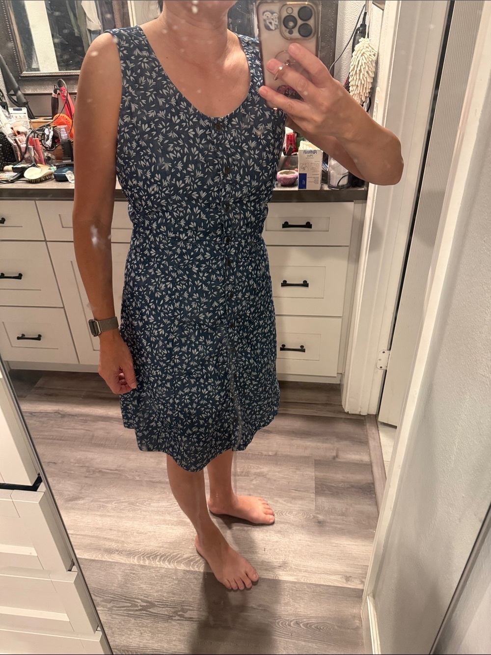 Sleeveless Blue Printed Button-Front Mini Dress